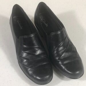 Clarks Womens 9M Black Partridge Slip‎ On Leather Heel Career Casual Everyday